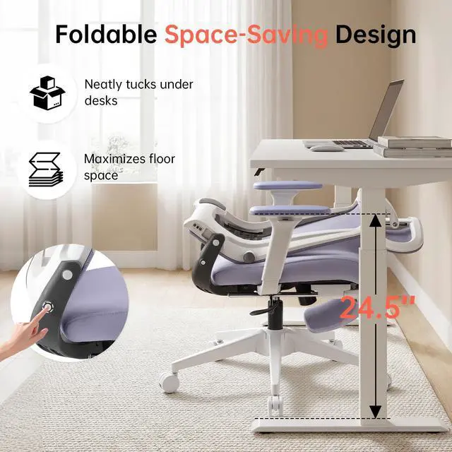 Alt view image 4 of 6 - Foldable Office Chair with Foot Rest, Ergonomic Office Chair with Adjustable Lumbar Support, Headrest, Armrest, Home Office Desk Chair for Space Saving, Work from Home, Purple