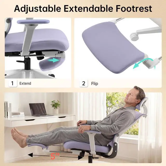 Alt view image 5 of 6 - Foldable Office Chair with Foot Rest, Ergonomic Office Chair with Adjustable Lumbar Support, Headrest, Armrest, Home Office Desk Chair for Space Saving, Work from Home, Purple