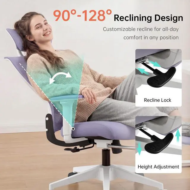 Alt view image 6 of 6 - Foldable Office Chair with Foot Rest, Ergonomic Office Chair with Adjustable Lumbar Support, Headrest, Armrest, Home Office Desk Chair for Space Saving, Work from Home, Purple