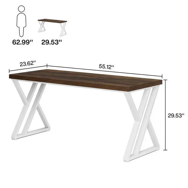 Alt view image 2 of 6 - Modern Walnut/White 55" Heavy Duty Computer Desk, Study & Work Desk, 23.6"D x 55.1"W x 29.5"H, Z-Shaped Metal Legs, 330 lbs Capacity