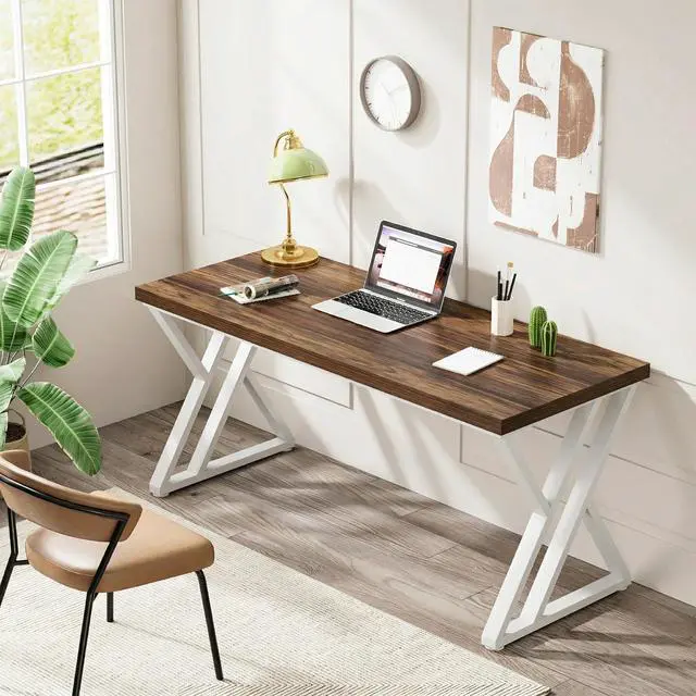 Alt view image 5 of 6 - Modern Walnut/White 55" Heavy Duty Computer Desk, Study & Work Desk, 23.6"D x 55.1"W x 29.5"H, Z-Shaped Metal Legs, 330 lbs Capacity