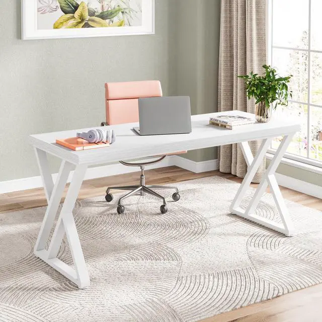 Main image of Writing Computer Desk, 55 inch Heavy Duty Study Desk with Z-Shaped Metal Leg, Modern Simple Home Office Computer Desk, White