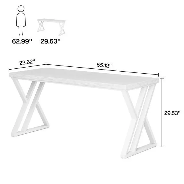 Alt view image 2 of 6 - Writing Computer Desk, 55 inch Heavy Duty Study Desk with Z-Shaped Metal Leg, Modern Simple Home Office Computer Desk, White