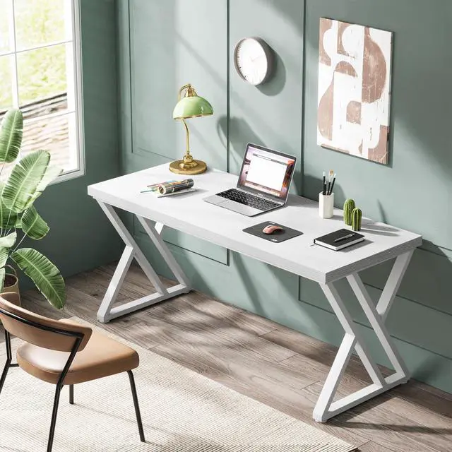 Alt view image 3 of 6 - Writing Computer Desk, 55 inch Heavy Duty Study Desk with Z-Shaped Metal Leg, Modern Simple Home Office Computer Desk, White