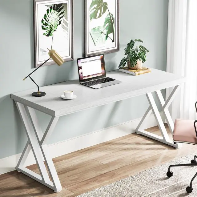 Alt view image 4 of 6 - Writing Computer Desk, 55 inch Heavy Duty Study Desk with Z-Shaped Metal Leg, Modern Simple Home Office Computer Desk, White