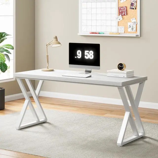 Alt view image 5 of 6 - Writing Computer Desk, 55 inch Heavy Duty Study Desk with Z-Shaped Metal Leg, Modern Simple Home Office Computer Desk, White