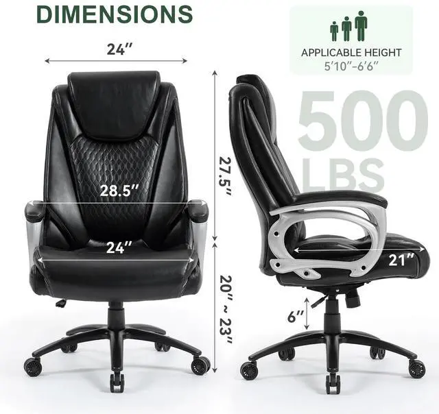 Alt view image 2 of 6 - Big and Tall Office Chair 500lbs, Heavy Duty High Back PU Leather Desk Chair, Adjustable Height Rolling Wheels Computer Chair for Home Office Work (Black)