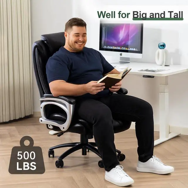 Alt view image 3 of 6 - Big and Tall Office Chair 500lbs, Heavy Duty High Back PU Leather Desk Chair, Adjustable Height Rolling Wheels Computer Chair for Home Office Work (Black)