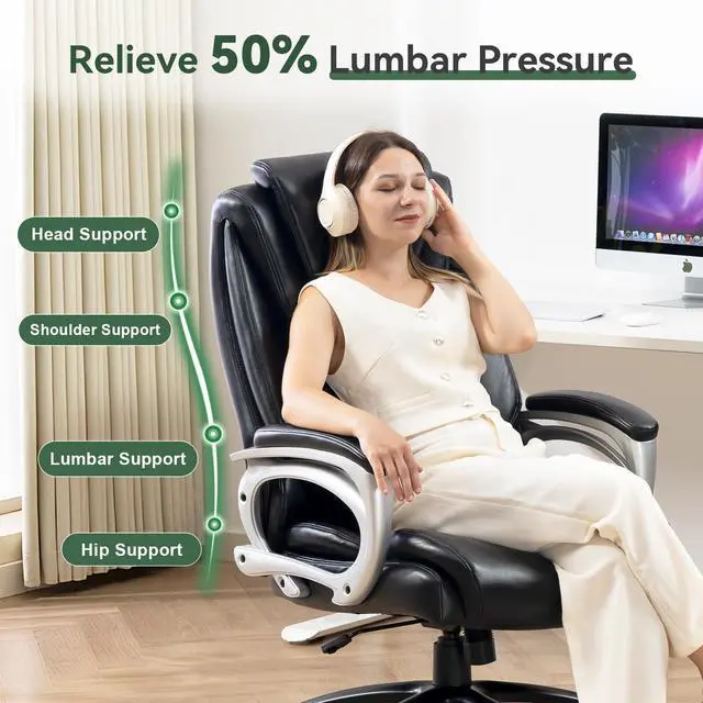 Alt view image 4 of 6 - Big and Tall Office Chair 500lbs, Heavy Duty High Back PU Leather Desk Chair, Adjustable Height Rolling Wheels Computer Chair for Home Office Work (Black)