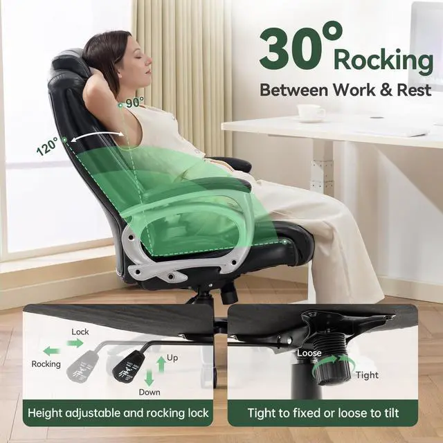 Alt view image 5 of 6 - Big and Tall Office Chair 500lbs, Heavy Duty High Back PU Leather Desk Chair, Adjustable Height Rolling Wheels Computer Chair for Home Office Work (Black)