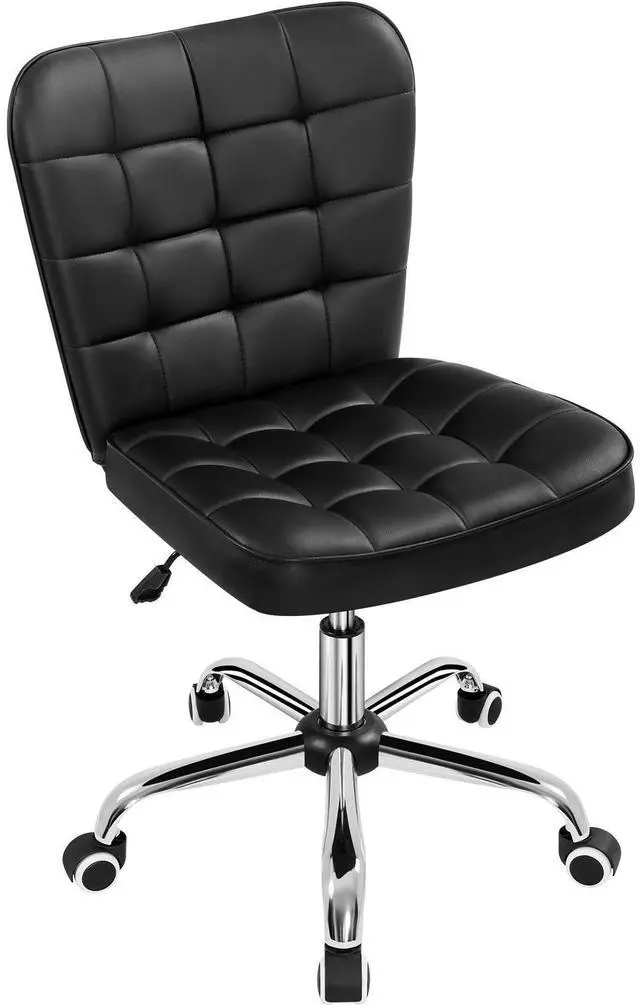 Main image of Modern Tufted Armless Desk Office Chair Faux Leather Upholstered Computer Chair with Adjustable Seat Height and Rolling Wheels for Home/Office, Black