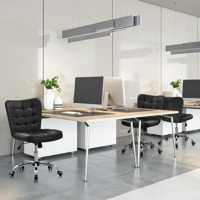 Alt view image 2 of 6 - Modern Tufted Armless Desk Office Chair Faux Leather Upholstered Computer Chair with Adjustable Seat Height and Rolling Wheels for Home/Office, Black