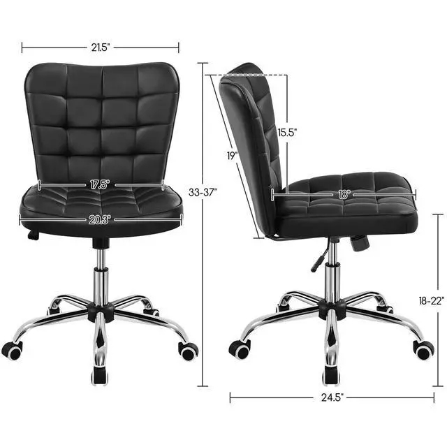 Alt view image 3 of 6 - Modern Tufted Armless Desk Office Chair Faux Leather Upholstered Computer Chair with Adjustable Seat Height and Rolling Wheels for Home/Office, Black