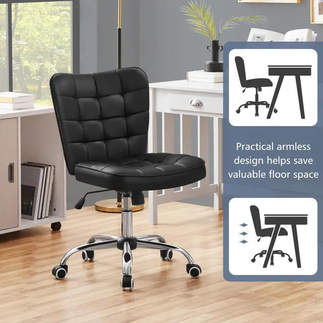 Alt view image 4 of 6 - Modern Tufted Armless Desk Office Chair Faux Leather Upholstered Computer Chair with Adjustable Seat Height and Rolling Wheels for Home/Office, Black
