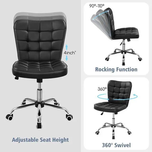 Alt view image 5 of 6 - Modern Tufted Armless Desk Office Chair Faux Leather Upholstered Computer Chair with Adjustable Seat Height and Rolling Wheels for Home/Office, Black
