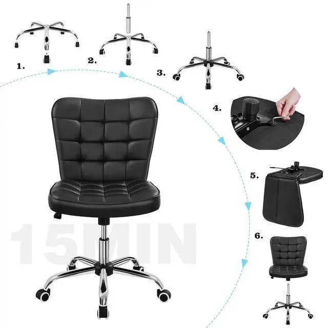 Alt view image 6 of 6 - Modern Tufted Armless Desk Office Chair Faux Leather Upholstered Computer Chair with Adjustable Seat Height and Rolling Wheels for Home/Office, Black