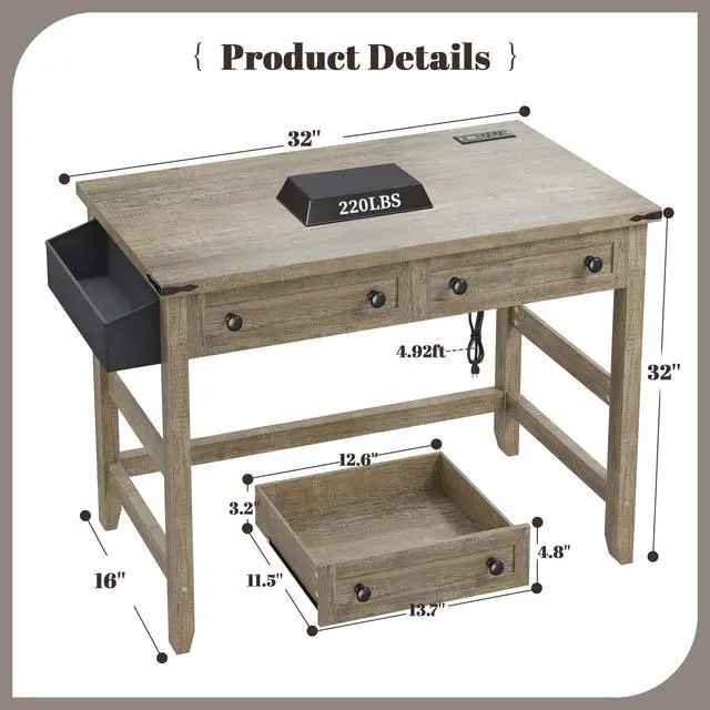 Alt view image 2 of 6 - Small Desk for Bedroom, Computer Desk with Power Outlets for Home Office, Desks with Drawers and a Side Pocket,Vanity Desks for Bedroom, Dark Rustic Oak