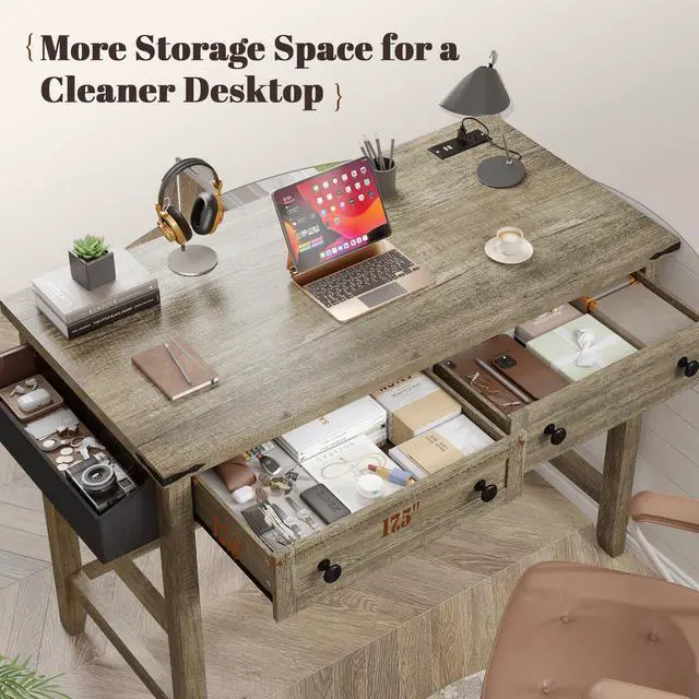 Alt view image 3 of 6 - Small Desk for Bedroom, Computer Desk with Power Outlets for Home Office, Desks with Drawers and a Side Pocket,Vanity Desks for Bedroom, Dark Rustic Oak