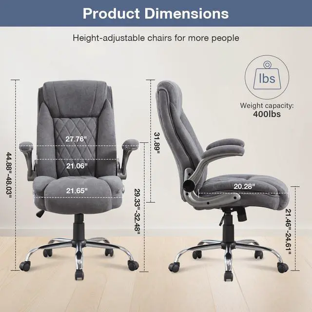 Alt view image 2 of 6 - Big and Tall Fabric Office Chair 400lbs High Back Executive Computer Desk Chair with Flip Up Armrest, Breathable Fabric Adjustable Height Ergonomic Home Office Heavy Duty