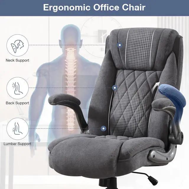 Alt view image 3 of 6 - Big and Tall Fabric Office Chair 400lbs High Back Executive Computer Desk Chair with Flip Up Armrest, Breathable Fabric Adjustable Height Ergonomic Home Office Heavy Duty