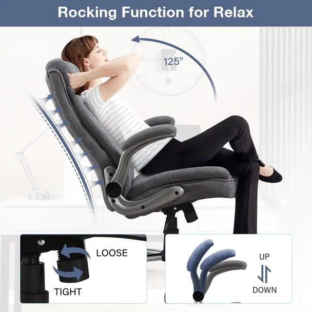Alt view image 5 of 6 - Big and Tall Fabric Office Chair 400lbs High Back Executive Computer Desk Chair with Flip Up Armrest, Breathable Fabric Adjustable Height Ergonomic Home Office Heavy Duty