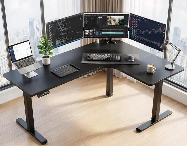 Alt view image 2 of 6 - 63 L-Shaped Standing Desk, Built-in Power Outlets, Electric Height Adjustable Corner Computer Desk, Large Power Strip Holder, Sit Stand Up Desk with 3 Preset Heights, Black