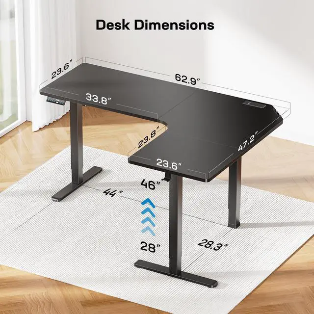 Alt view image 3 of 6 - 63 L-Shaped Standing Desk, Built-in Power Outlets, Electric Height Adjustable Corner Computer Desk, Large Power Strip Holder, Sit Stand Up Desk with 3 Preset Heights, Black