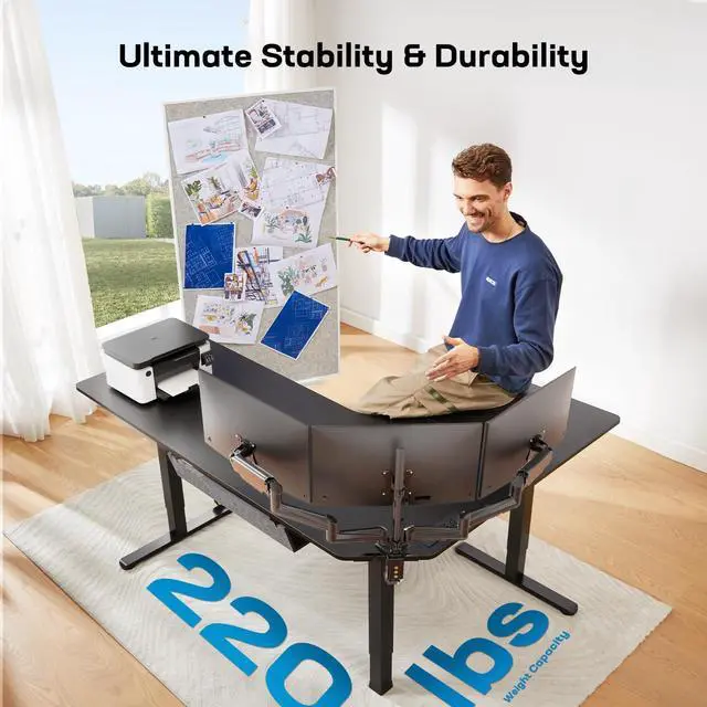 Alt view image 4 of 6 - 63 L-Shaped Standing Desk, Built-in Power Outlets, Electric Height Adjustable Corner Computer Desk, Large Power Strip Holder, Sit Stand Up Desk with 3 Preset Heights, Black