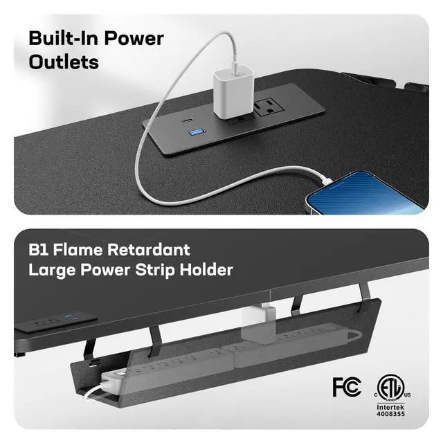 Alt view image 6 of 6 - 63 L-Shaped Standing Desk, Built-in Power Outlets, Electric Height Adjustable Corner Computer Desk, Large Power Strip Holder, Sit Stand Up Desk with 3 Preset Heights, Black