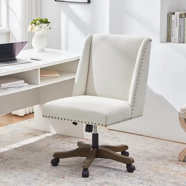 Main image of Armless Upholstered Office Chair with Wooden Legs, Modern Criss Cross Adjustable Home Office Desk Chair No Arms Sewing Chair Swivel Chair for Women Farmhouse Study Studio (Beige)