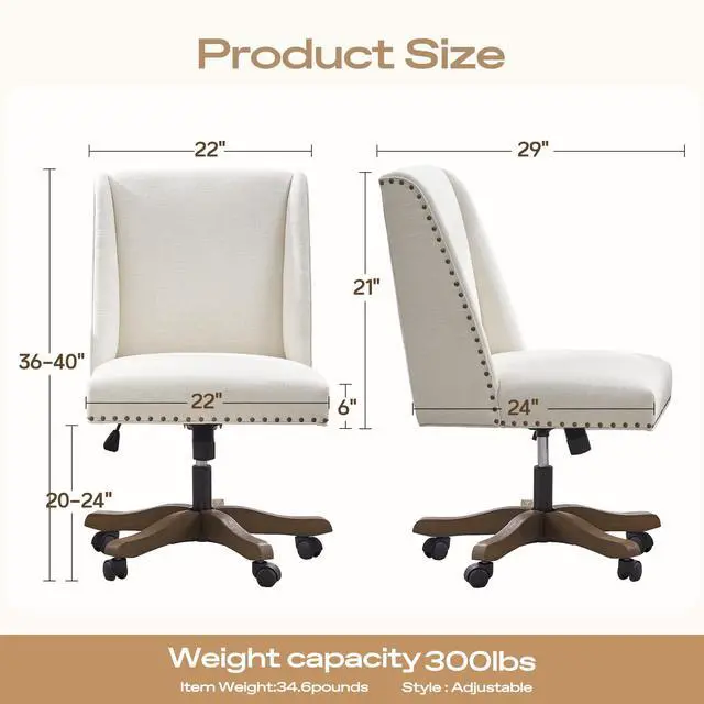 Alt view image 2 of 6 - Armless Upholstered Office Chair with Wooden Legs, Modern Criss Cross Adjustable Home Office Desk Chair No Arms Sewing Chair Swivel Chair for Women Farmhouse Study Studio (Beige)