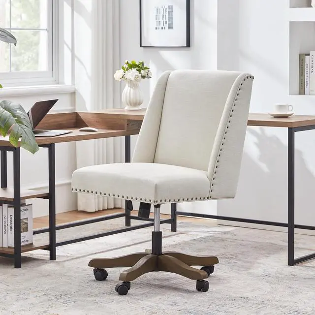 Alt view image 3 of 6 - Armless Upholstered Office Chair with Wooden Legs, Modern Criss Cross Adjustable Home Office Desk Chair No Arms Sewing Chair Swivel Chair for Women Farmhouse Study Studio (Beige)