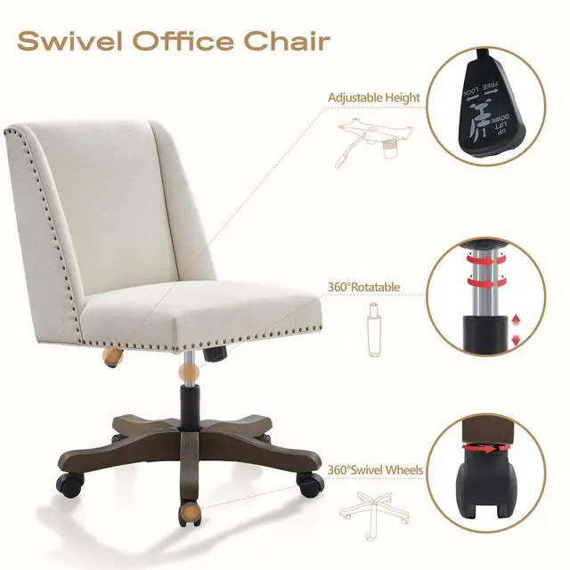 Alt view image 6 of 6 - Armless Upholstered Office Chair with Wooden Legs, Modern Criss Cross Adjustable Home Office Desk Chair No Arms Sewing Chair Swivel Chair for Women Farmhouse Study Studio (Beige)