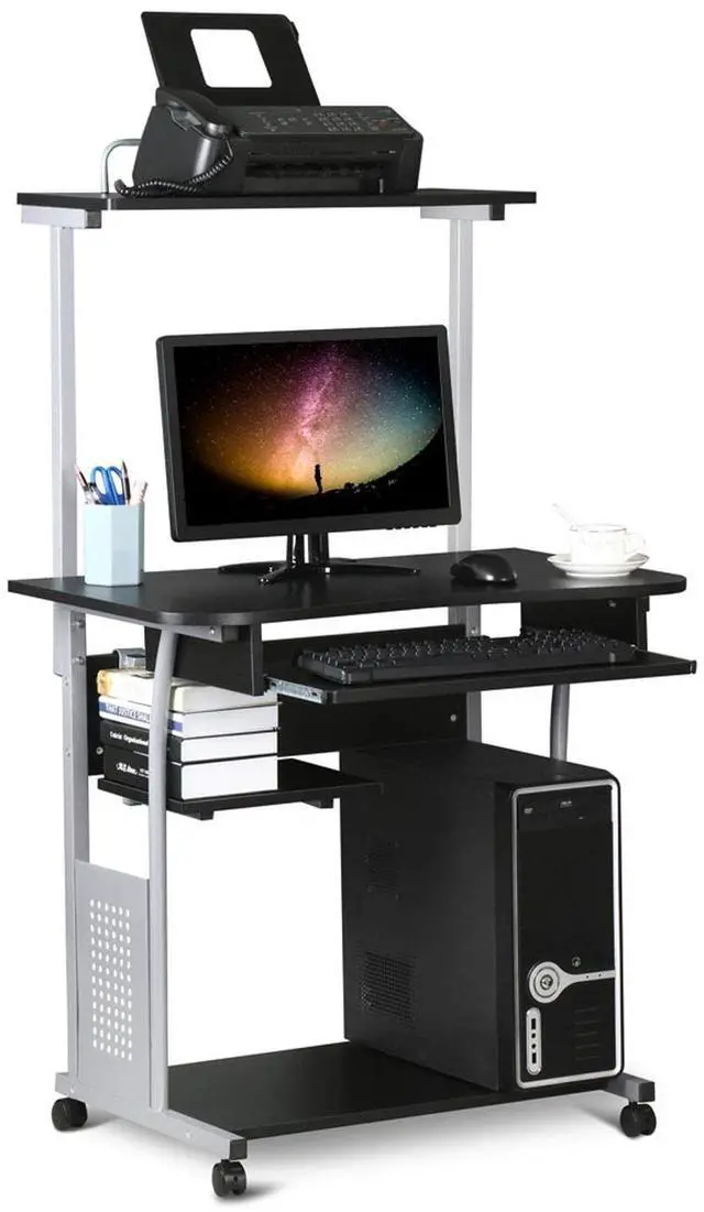 Main image of 2 Tier Mobile Computer Desk with Printer Shelf & Keyboard Tray Rolling Computer Table for Small Spaces, Compact Study Workstation with Wheels, Space Saving, Black
