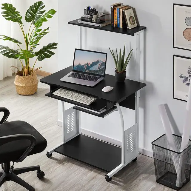 Alt view image 2 of 6 - 2 Tier Mobile Computer Desk with Printer Shelf & Keyboard Tray Rolling Computer Table for Small Spaces, Compact Study Workstation with Wheels, Space Saving, Black