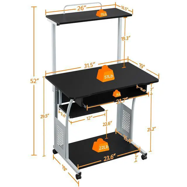 Alt view image 3 of 6 - 2 Tier Mobile Computer Desk with Printer Shelf & Keyboard Tray Rolling Computer Table for Small Spaces, Compact Study Workstation with Wheels, Space Saving, Black