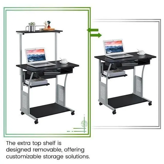 Alt view image 4 of 6 - 2 Tier Mobile Computer Desk with Printer Shelf & Keyboard Tray Rolling Computer Table for Small Spaces, Compact Study Workstation with Wheels, Space Saving, Black