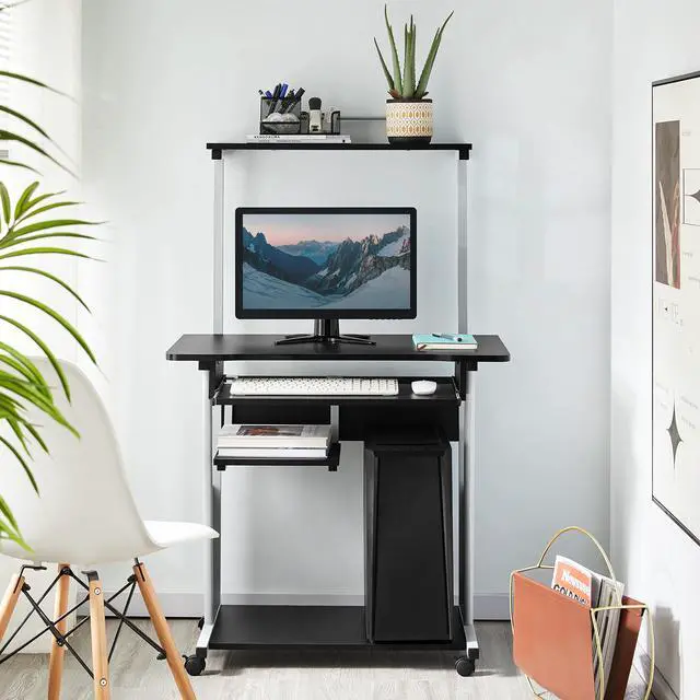 Alt view image 6 of 6 - 2 Tier Mobile Computer Desk with Printer Shelf & Keyboard Tray Rolling Computer Table for Small Spaces, Compact Study Workstation with Wheels, Space Saving, Black