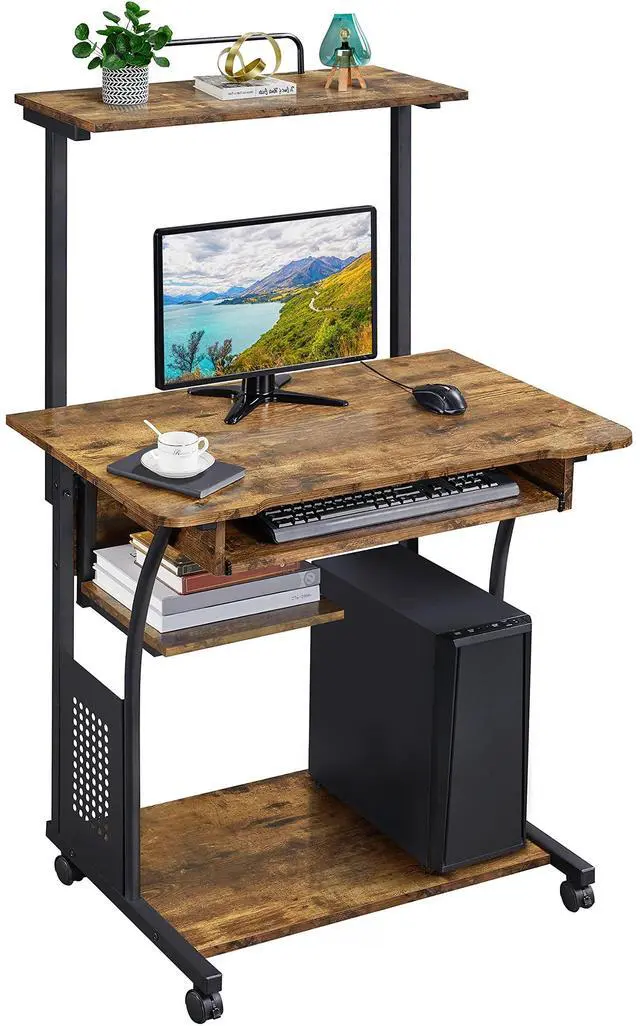 Main image of 3 Tiers Rolling Computer Desk with Keyboard Tray and Printer Shelf for Home Office, Mobile Computer Desk for Small Space, Retro Computer Table Compact PC Laptop Workstation, Rustic Brown