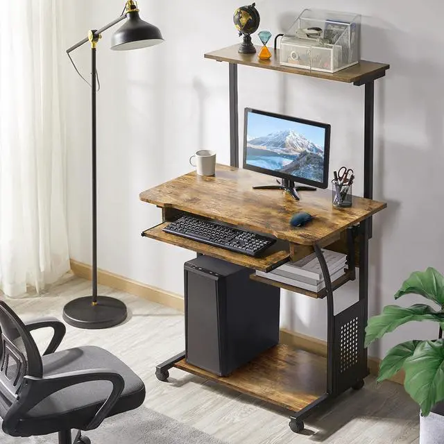 Alt view image 2 of 6 - 3 Tiers Rolling Computer Desk with Keyboard Tray and Printer Shelf for Home Office, Mobile Computer Desk for Small Space, Retro Computer Table Compact PC Laptop Workstation, Rustic Brown
