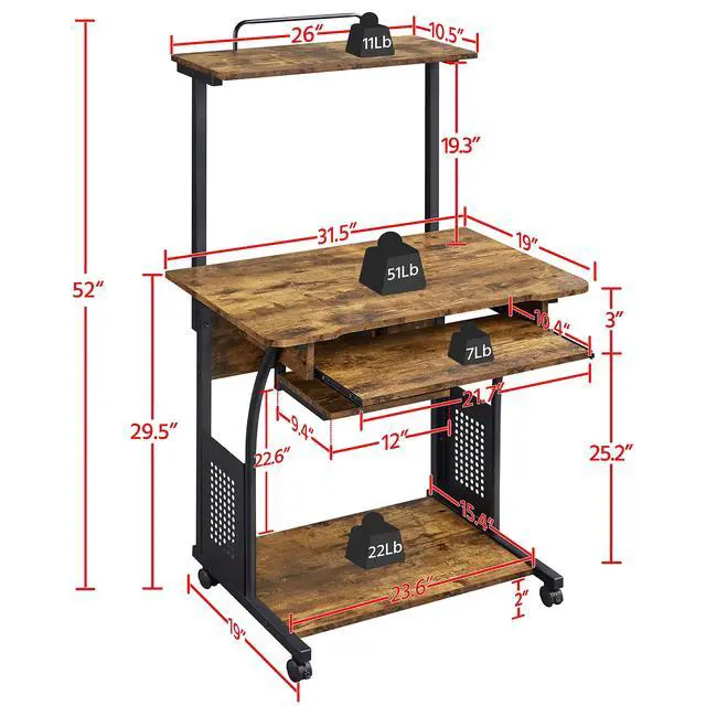 Alt view image 3 of 6 - 3 Tiers Rolling Computer Desk with Keyboard Tray and Printer Shelf for Home Office, Mobile Computer Desk for Small Space, Retro Computer Table Compact PC Laptop Workstation, Rustic Brown