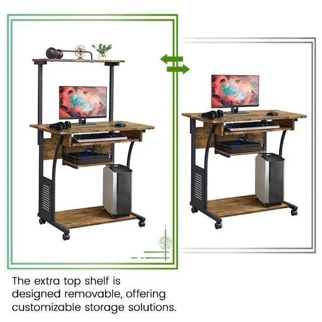 Alt view image 4 of 6 - 3 Tiers Rolling Computer Desk with Keyboard Tray and Printer Shelf for Home Office, Mobile Computer Desk for Small Space, Retro Computer Table Compact PC Laptop Workstation, Rustic Brown