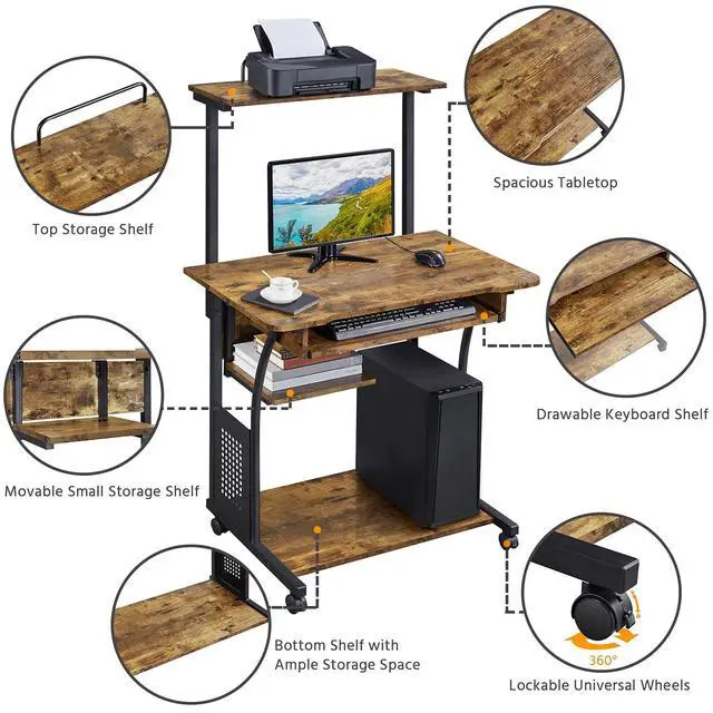 Alt view image 5 of 6 - 3 Tiers Rolling Computer Desk with Keyboard Tray and Printer Shelf for Home Office, Mobile Computer Desk for Small Space, Retro Computer Table Compact PC Laptop Workstation, Rustic Brown