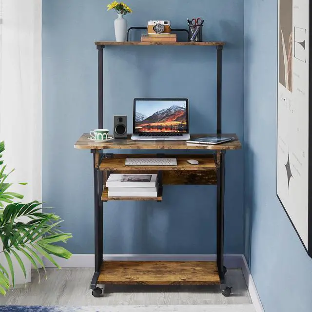 Alt view image 6 of 6 - 3 Tiers Rolling Computer Desk with Keyboard Tray and Printer Shelf for Home Office, Mobile Computer Desk for Small Space, Retro Computer Table Compact PC Laptop Workstation, Rustic Brown