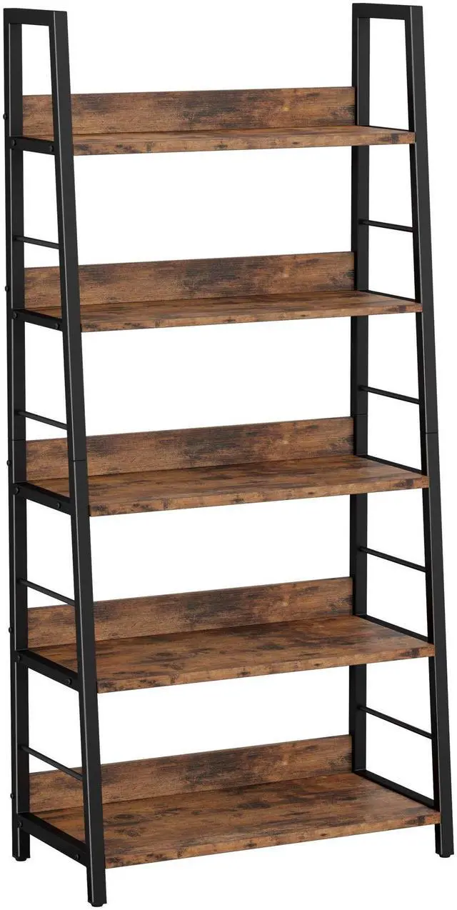 Main image of 5 Tier Ladder Bookcase with Metal Frame Rustic Brown | Bookshelves and Bookcases,open display shelves; metal frame; shelf baffles; home office