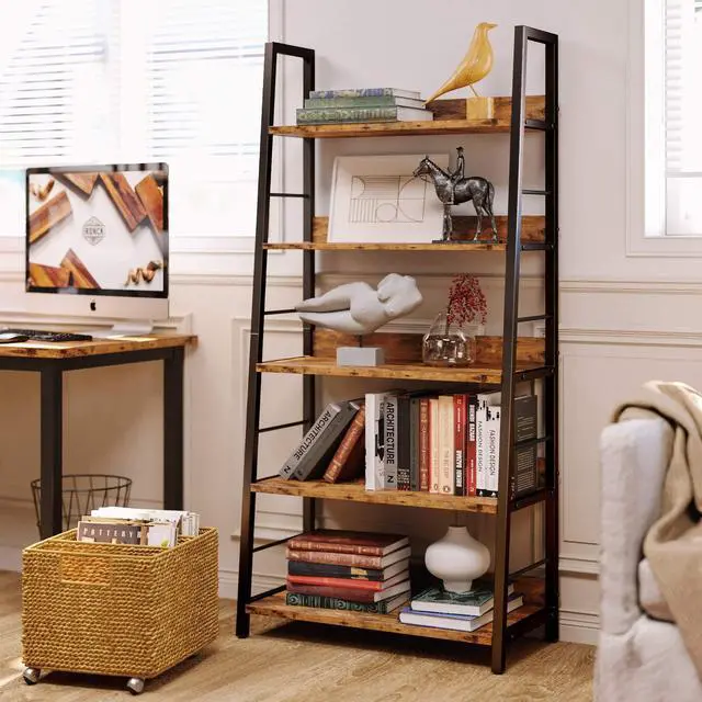 Alt view image 2 of 6 - 5 Tier Ladder Bookcase with Metal Frame Rustic Brown | Bookshelves and Bookcases,open display shelves; metal frame; shelf baffles; home office
