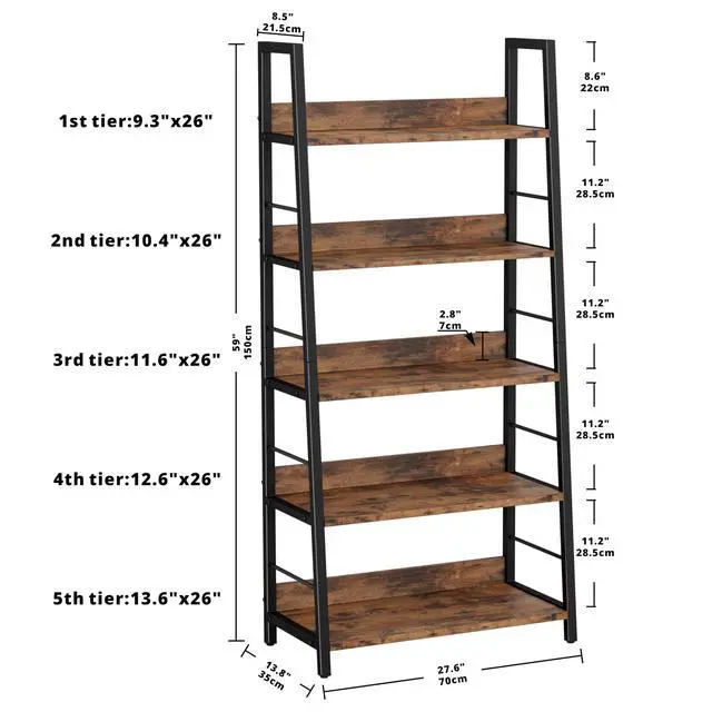 Alt view image 3 of 6 - 5 Tier Ladder Bookcase with Metal Frame Rustic Brown | Bookshelves and Bookcases,open display shelves; metal frame; shelf baffles; home office