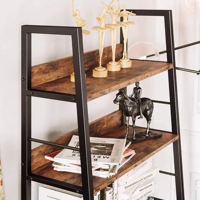 Alt view image 4 of 6 - 5 Tier Ladder Bookcase with Metal Frame Rustic Brown | Bookshelves and Bookcases,open display shelves; metal frame; shelf baffles; home office