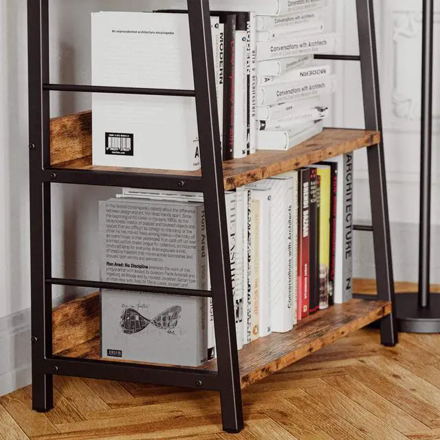 Alt view image 6 of 6 - 5 Tier Ladder Bookcase with Metal Frame Rustic Brown | Bookshelves and Bookcases,open display shelves; metal frame; shelf baffles; home office