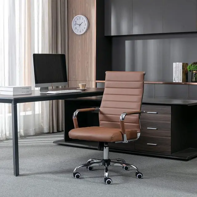 Alt view image 4 of 6 - Home Office Chair Ribbed, Modern Leather Conference Room Chairs, High Back Executive Computer Chair, Ergonomic Office Desk Chair, Adjustable Swivel Chair with Arms (Brown)